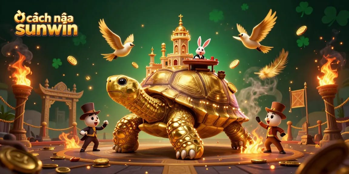 Experience cách vào sunwin with a lively illustration of a tortoise casino and vibrant characters.