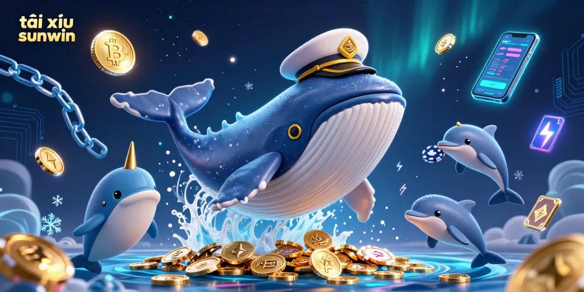 Experience the thrill of tài xỉu sunwin as a giant whale celebrates amidst coins and crypto symbols.
