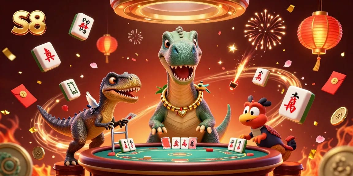 S8 brings luck to players with a vibrant casino illustration featuring a giant brontosaurus and a clever raptor dealing cards.