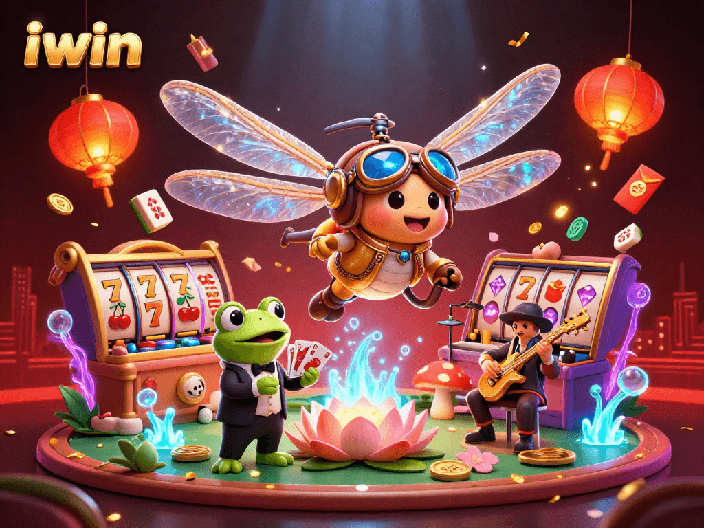 Experience iwin casino excitement with captivating dragonfly pilot and card-dealing frog in a vibrant casino scene.