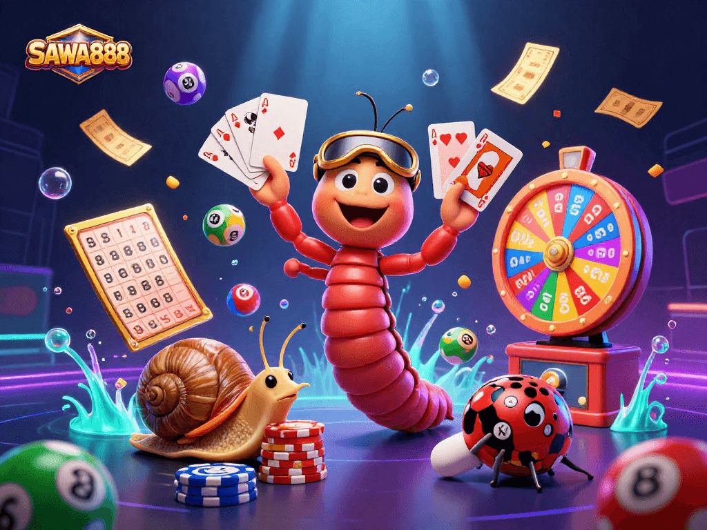 SAWA888 casino illustration showcasing a millipede dealer with playing cards and a snail player with chips.