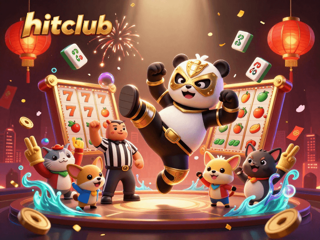 Hitclub's thrilling casino action depicted with a wrestler panda and lively characters