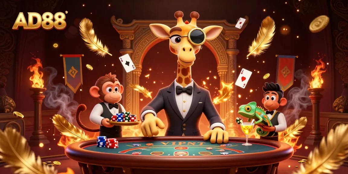 Engage in thrilling gameplay with AD88, featuring a high-roller giraffe at a luxury poker table.