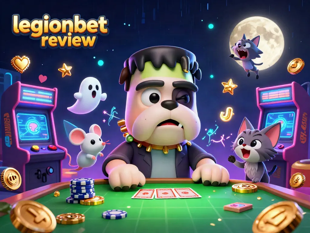 Engage in the LegionBet review with vibrant gaming characters at a spooky casino table, exploring thrilling gameplay.