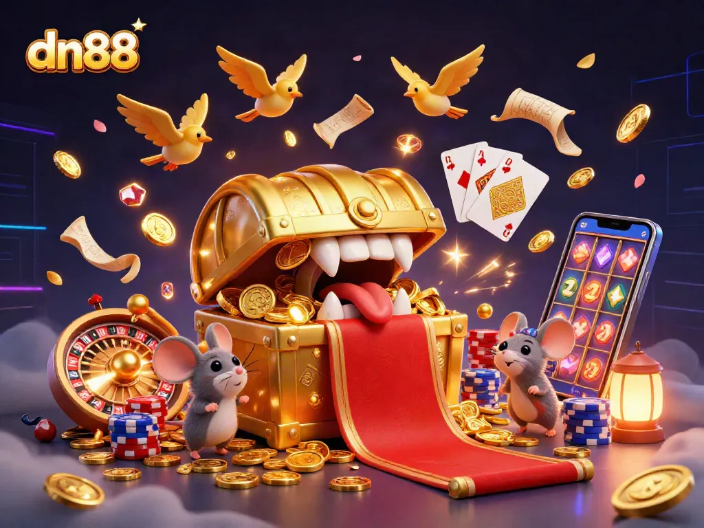 Experience the allure of dn88 with a 3D treasure chest and golden game elements illustrating online gambling excitement.
