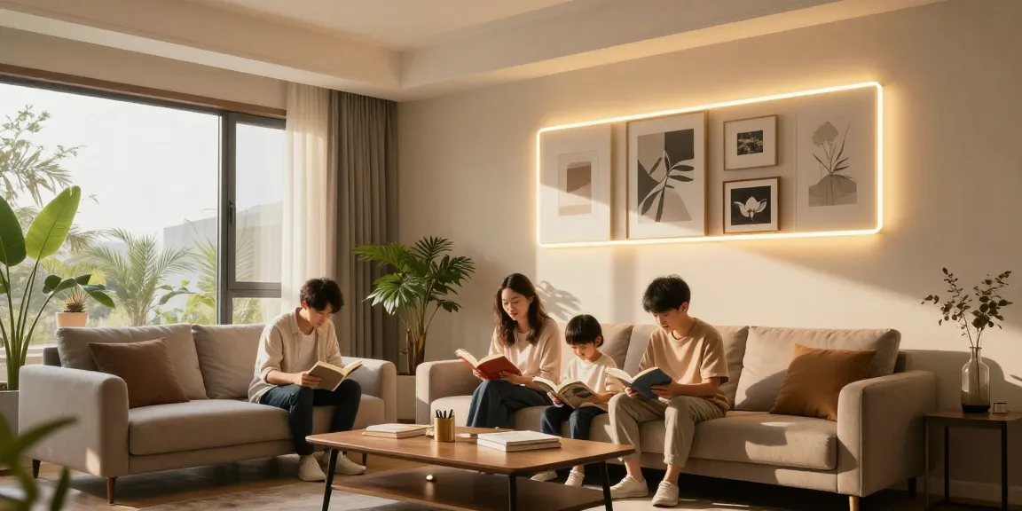 Aplica LED moderne iluminând un living confortabil, creată pentru un ambient cald și primitor.
