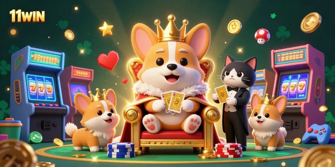 Engage with 11WIN's vibrant casino scene featuring a royal corgi and dynamic gaming elements.