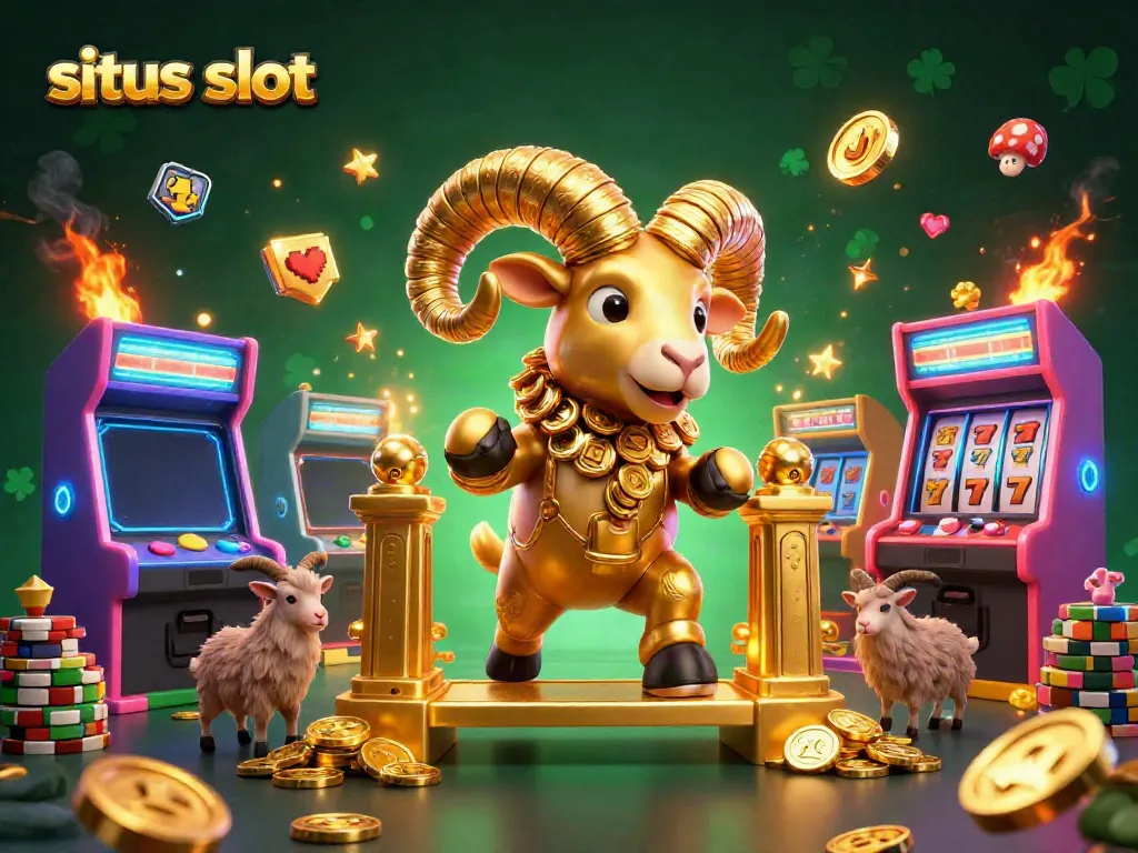 Situs slot themed illustration featuring an energetic golden ram charging through a casino setup.