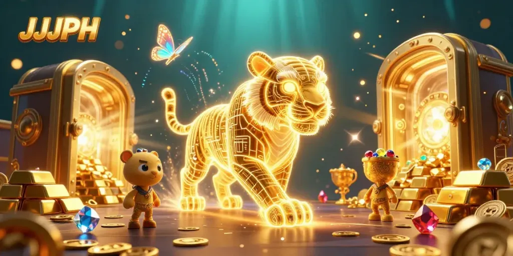 Experience thrilling gaming adventures with JJJPH's vibrant casino landscape, featuring a majestic tiger.
