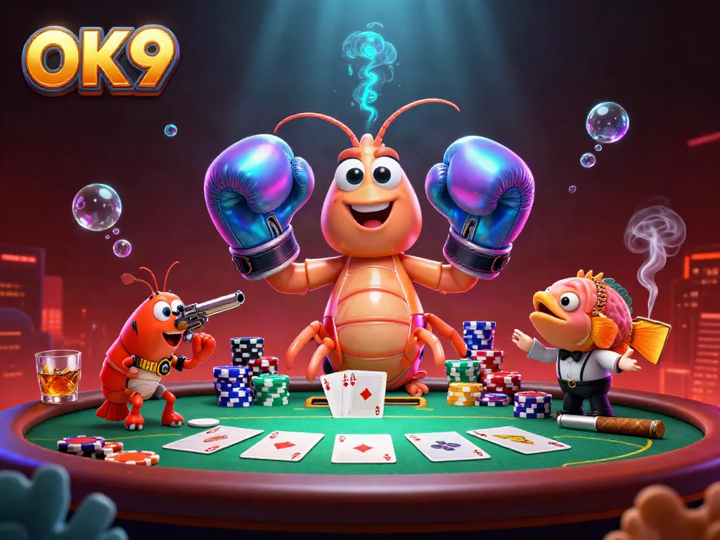 Engage in poker excitement with OK9's vibrant undersea casino themed illustration featuring animated shrimp characters.