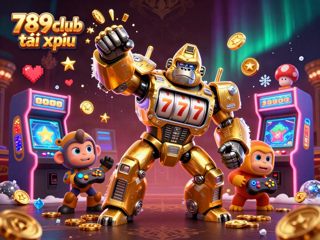 Engaging 789club tài xỉu gaming scene featuring a golden gorilla mech and arcade elements.