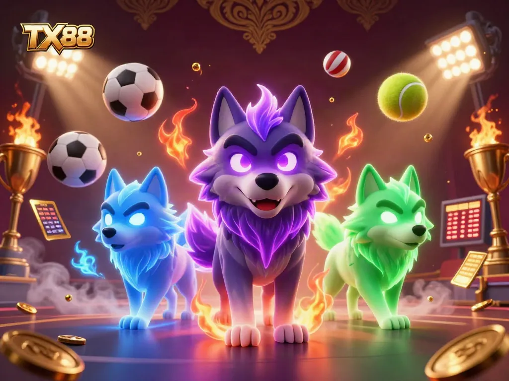 Bet on TX88 with excitement as a spectral wolf leader commands casino action surrounded by dynamic sports elements.