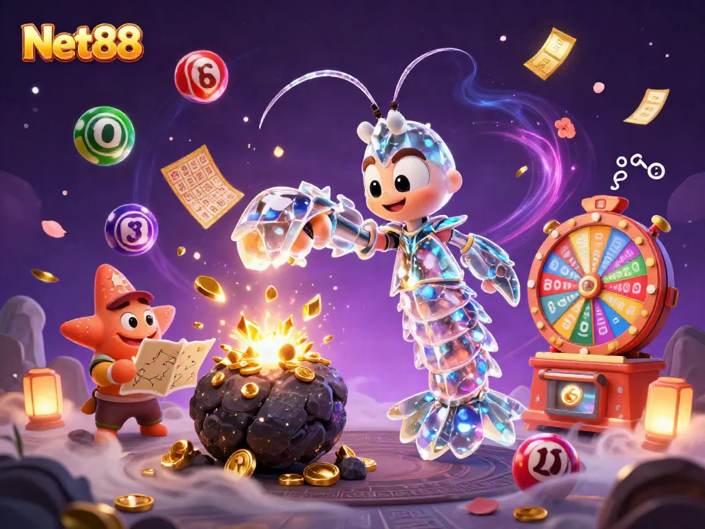 Bet and win with Net88 as a mantis shrimp shatters an asteroid, revealing gold and gems.
