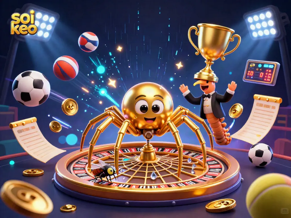 Soi keo bets illustrated with a golden spider spinning a roulette web and a centipede croupier amid dynamic sports elements.