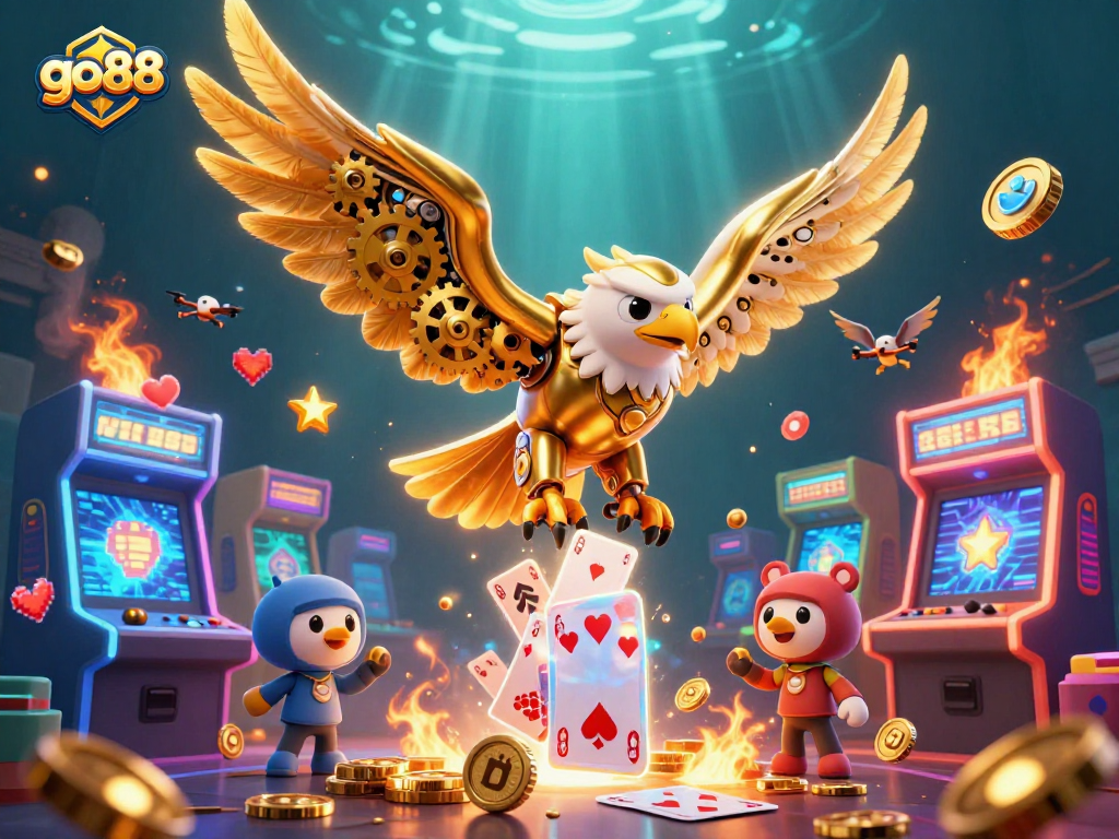 Experience go88's vibrant casino world with a golden eagle soaring through holographic cards.