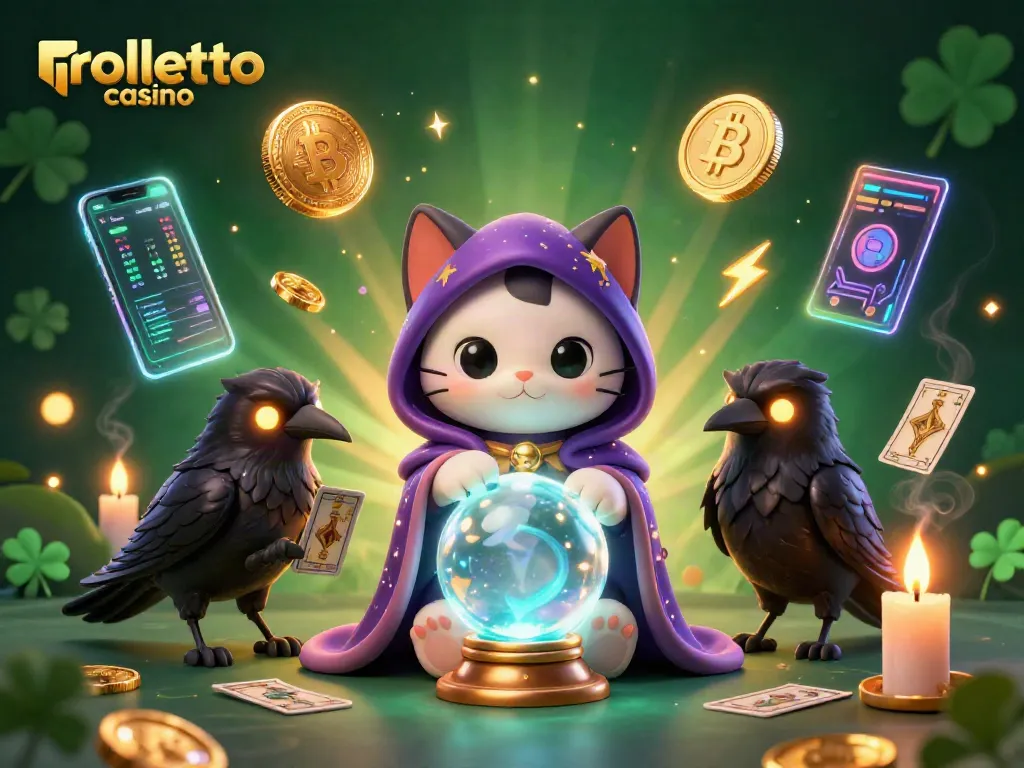 Experience rolletto casino's vibrant energy with a mystical cat and raven amid crypto gaming elements.