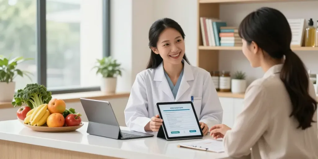 Nutritionist London consulting with a client in a vibrant clinic setting.