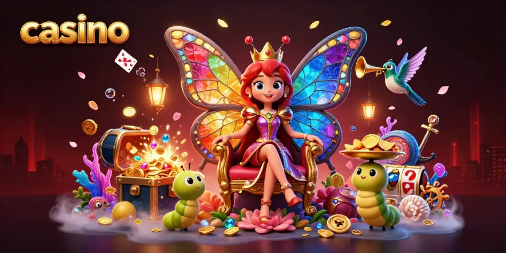 Engage in casino gaming with a vivid 3D butterfly queen theme, showcasing colorful treasures and fun elements.