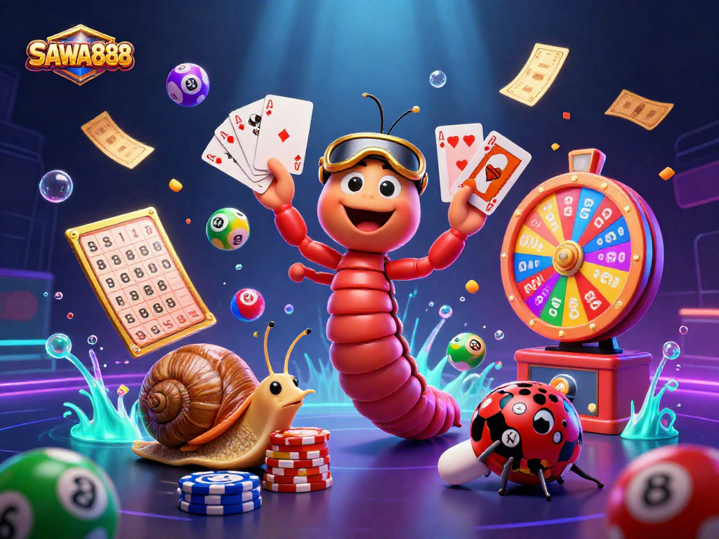 SAWA888 casino illustration showcasing a millipede dealer with playing cards and a snail player with chips.