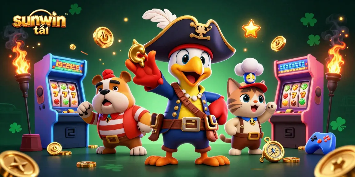 Engage with sunwin tải through a vibrant casino-themed scene featuring pirates and colorful games.