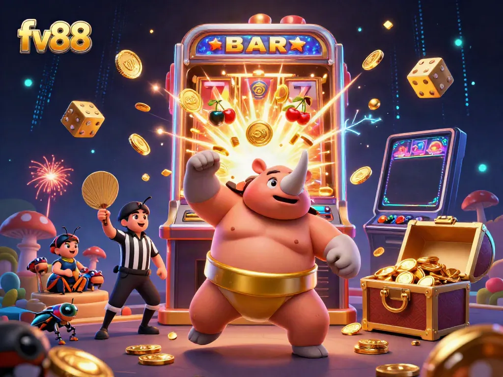 Experience thrilling casino action with fv88's vibrant 3D illustration featuring a rhino sumo champion and exciting game elements.