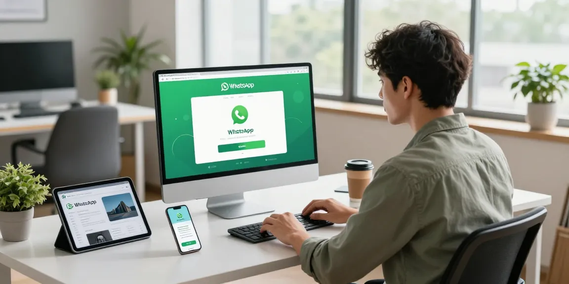 WhatsApp下載 process in a modern tech workspace with a user engaged at a sleek desk.