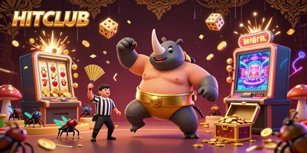Experience thrilling gameplay at HITCLUB with a vibrant 3D illustration of a sumo champion beetle amidst jackpot excitement.