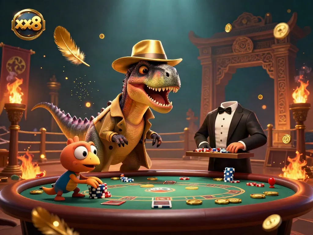 Experience the vibrant xx8 gambling scene with cartoon dinosaurs at a blackjack table.