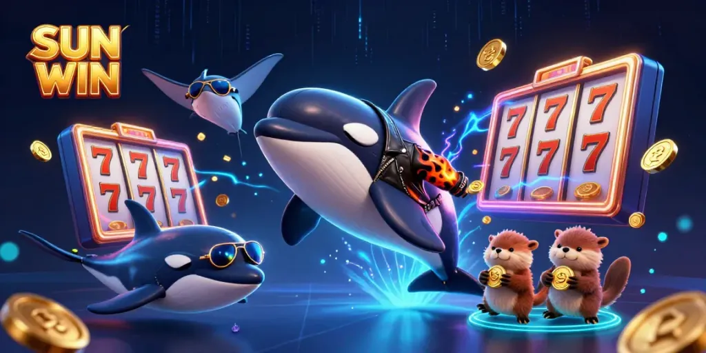 SUN WIN online casino cartoon scene featuring an orca whale and sea otters celebrating winnings.