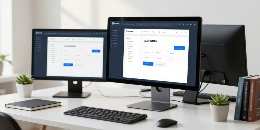 Affordable .co.uk domain registration services displayed on a modern developer workspace.