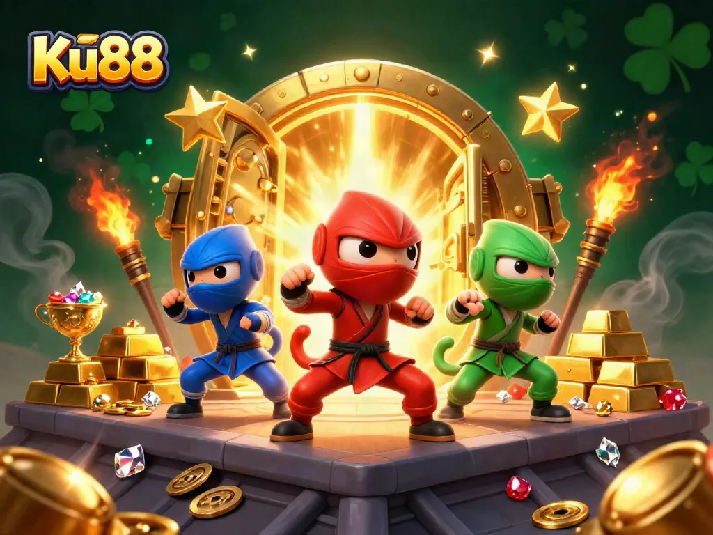 Bet on exciting action with Ku88 and its ninja chameleon team amid gold treasures and jewels.