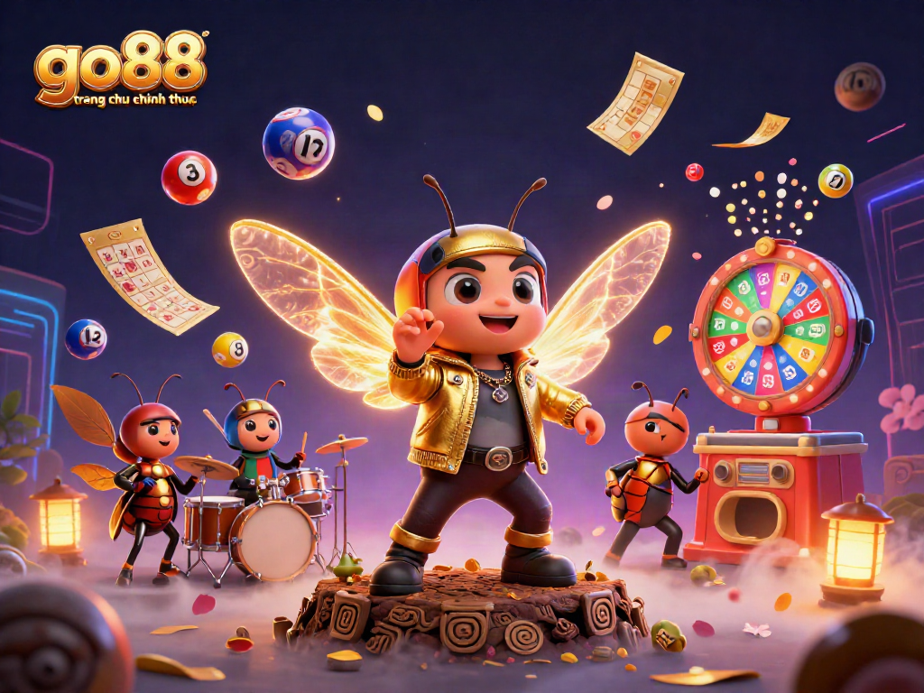 Engage with go88 trang chu chinh thuc in this vibrant 3D illustration, showcasing lottery elements and a dynamic rock star ensemble.