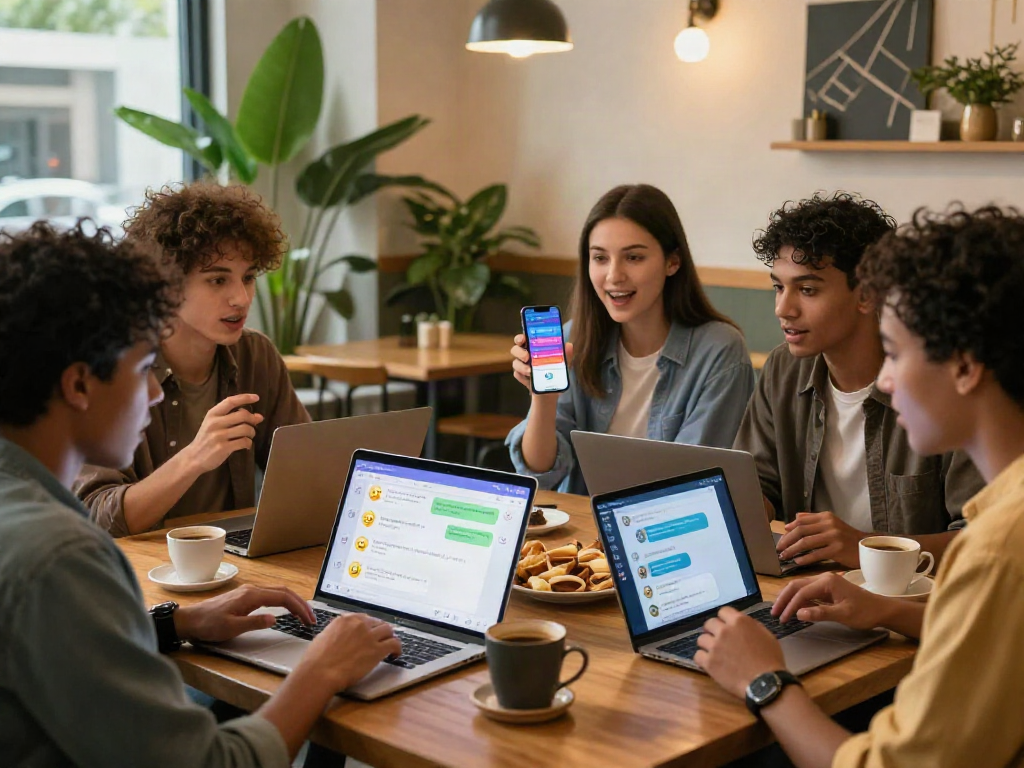 Young adults engaged in nsfw AI chat discussions at a cozy café.