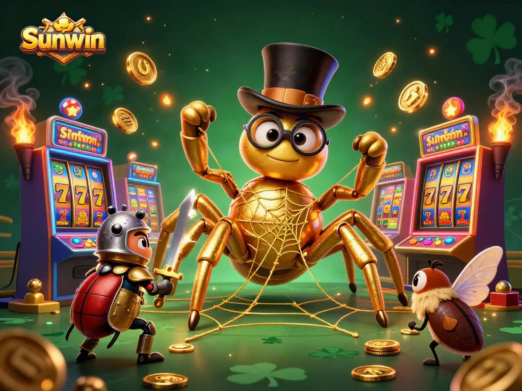 Sunwin showcases vibrant gaming with a golden tarantula and beetle knight in a dynamic casino scene.