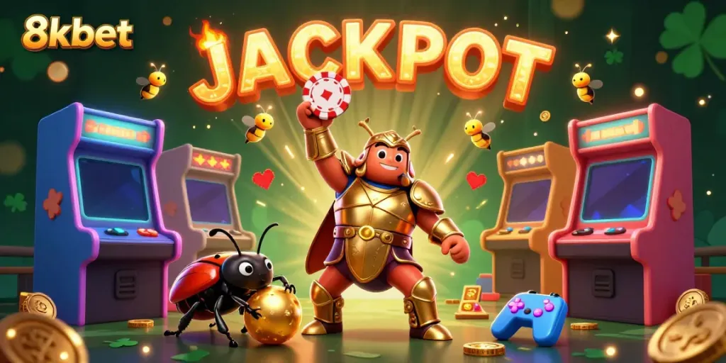 Engage with the vibrant 8xbet scene featuring a heroic beetle winning a poker chip jackpot surrounded by dynamic game elements.