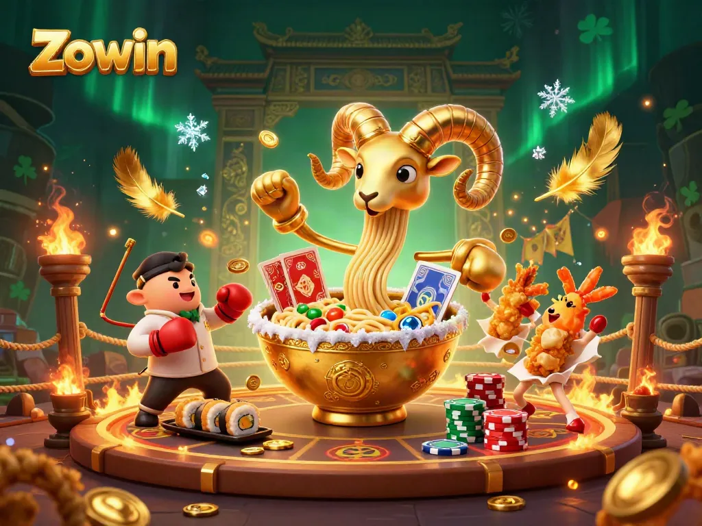 Zowin engages players with a dynamic 3D casino illustration featuring card-dealing ramen bowl and cheerful sushi characters.