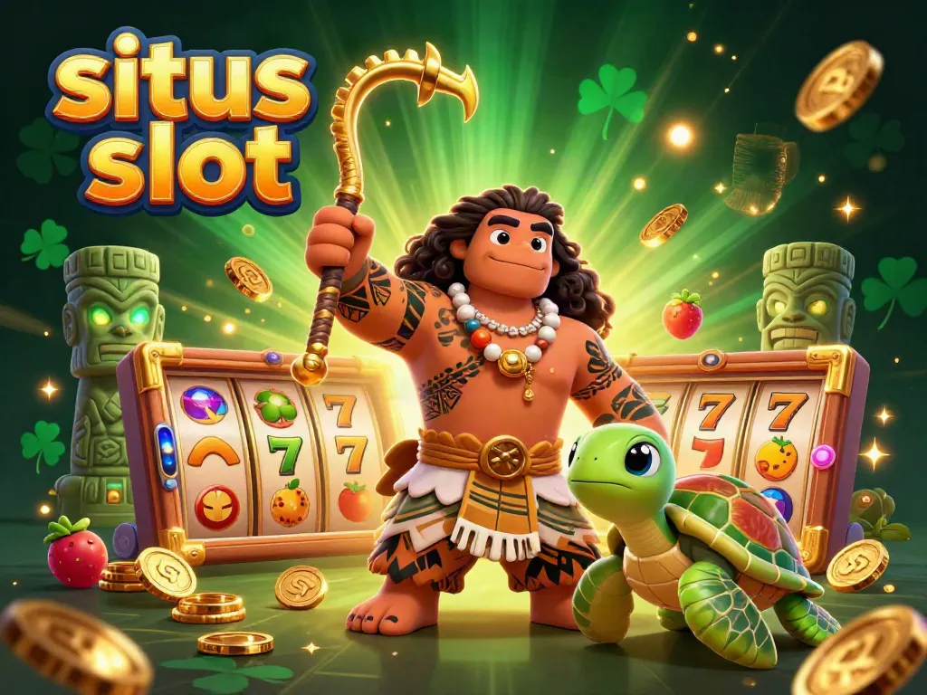 Engage with the adventures of situs slot as a demigod hawk and turtle navigate a vibrant casino filled with colorful slot reels.