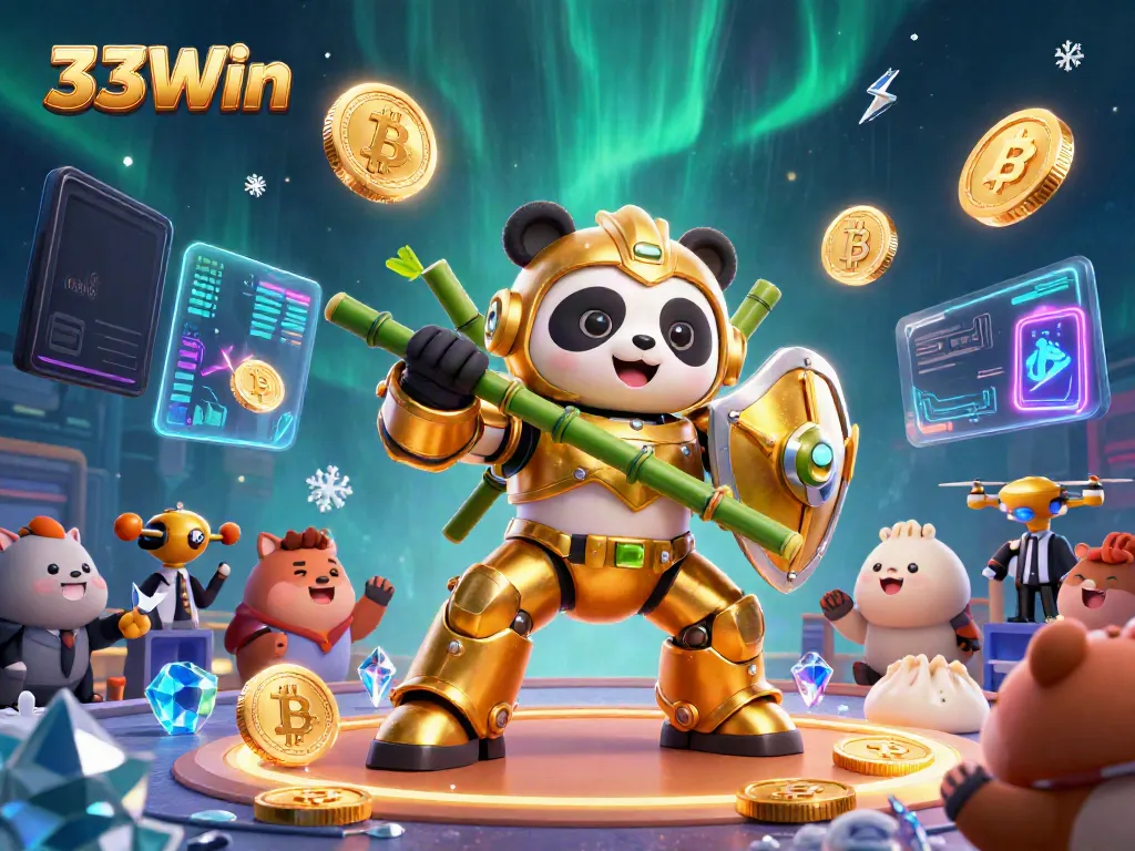 33Win showcases a vibrant 3D scene with a mech-suit panda, cryptocurrency coins, and casino elements flourishing together.
