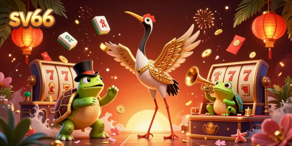 Engage in gaming excitement with sv66 as casino characters revel in a vibrant 3D illustration.