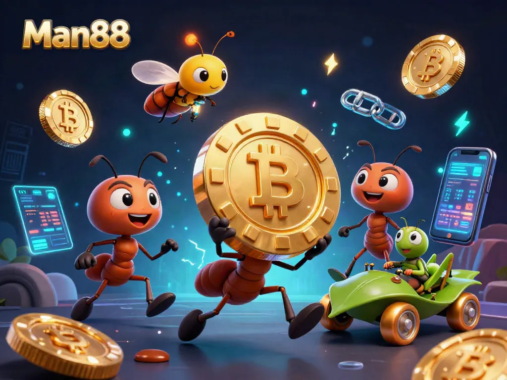 Man88 features a heist by cartoon ants carrying golden poker chips in a digital gambling scene.