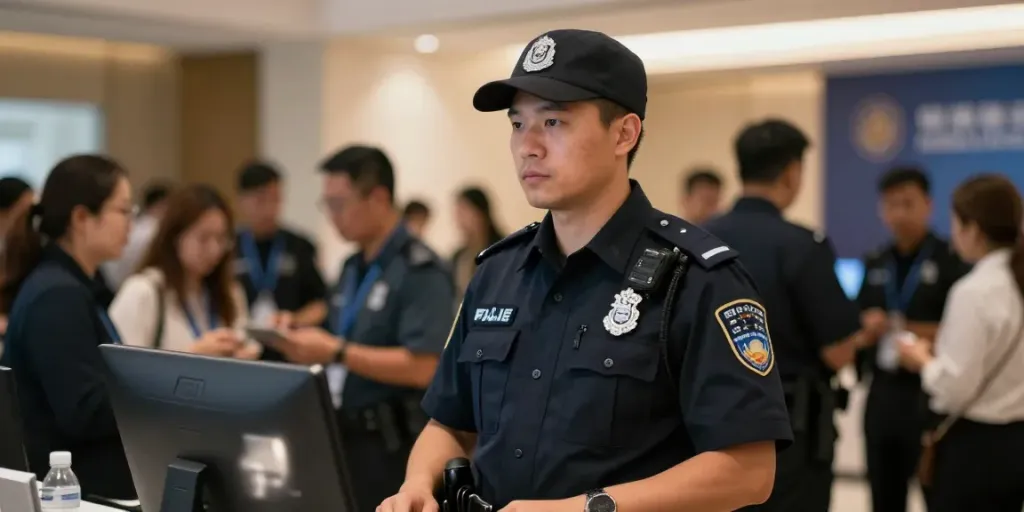 Private Security guard watching over a corporate event, showcasing trusted local services.
