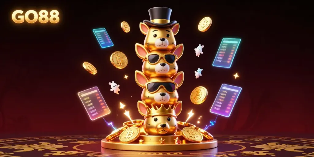 Experience the thrill of GO88 with a dazzling 3D totem and crypto elements showcasing online casino excitement.