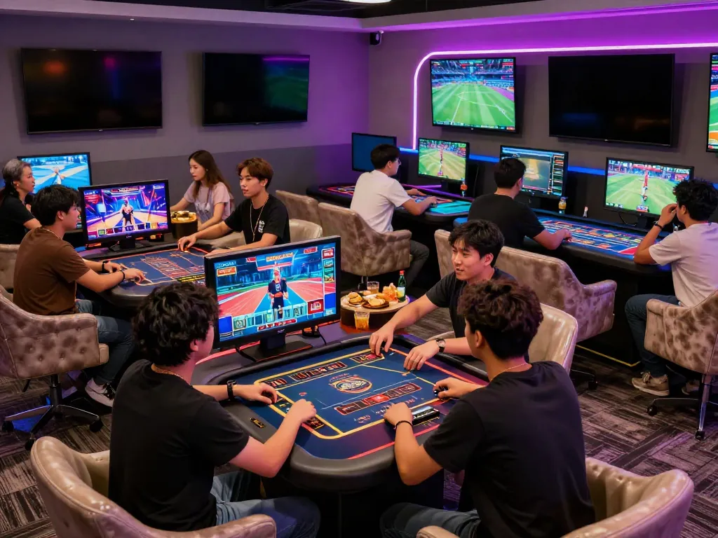 Nbet online gaming lounge with players enjoying casino games, vibrant atmosphere.