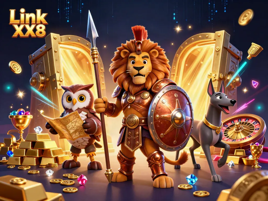 Engage with thrilling casino action featuring Link XX8 alongside a Spartan lion, owl, and greyhound in an ultra-detailed illustration.