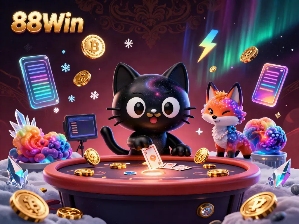 Engage with 88Win's cosmic casino scene featuring a captivating black hole cat and nebula fox.