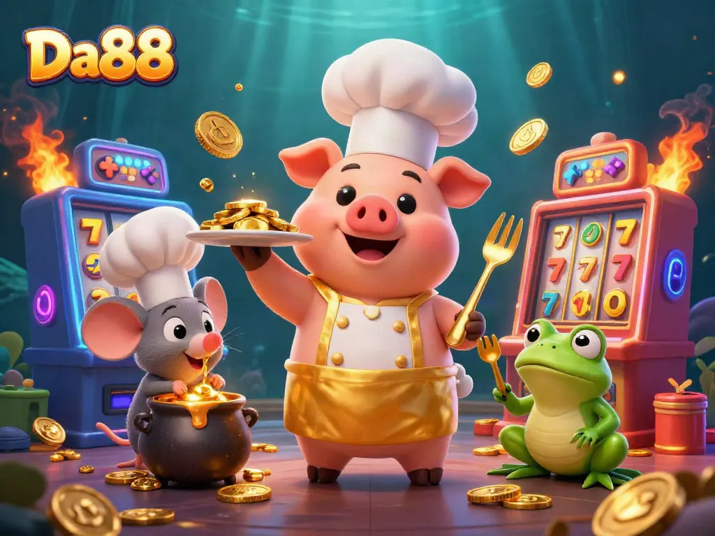Join the fun at Da88 with an engaging scene featuring a chef pig serving gold coins amidst 3D slot machines.