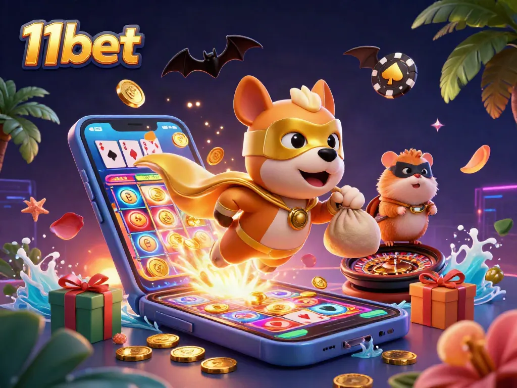 Win big at 11bet with this vibrant 3D casino scene featuring action-packed gaming elements.