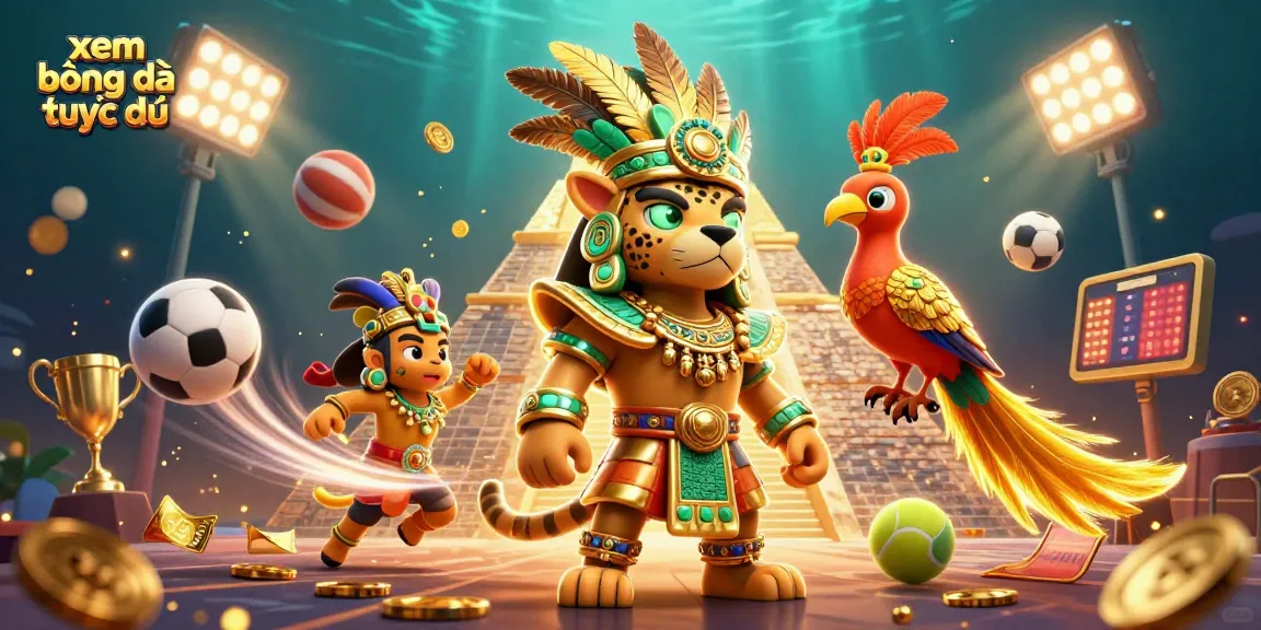 xem bóng đá trực tiếp with 3D cartoon Mayan priest and sports elements creating an engaging atmosphere.