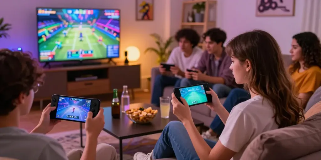 Exciting moment of rokok88 login while mobile gaming with friends in a cozy living room.