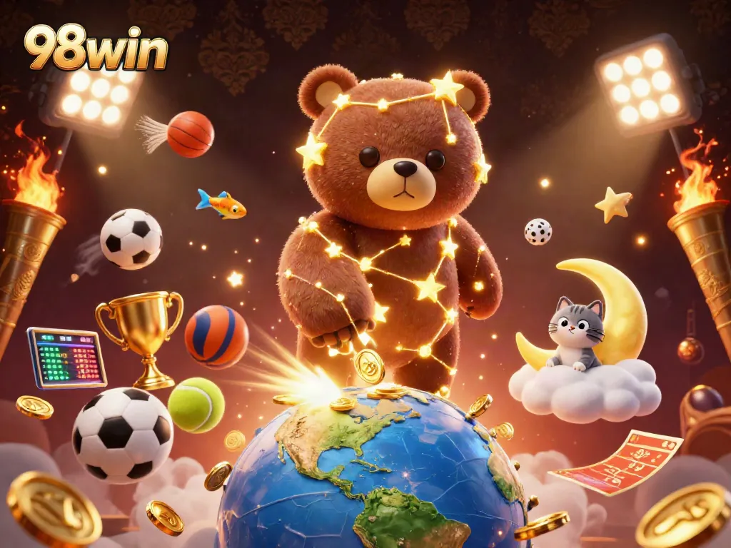Engage with 98win in a vibrant dynamic 3D casino illustration featuring lucky characters and coins.